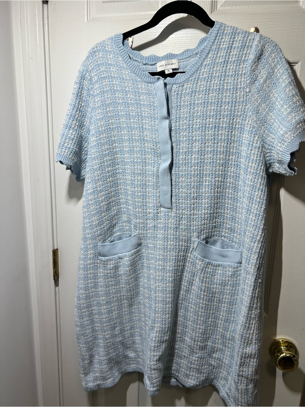 Free Assembly Textured Knit Short Sleeve Sweater Dress Blue XL Pockets